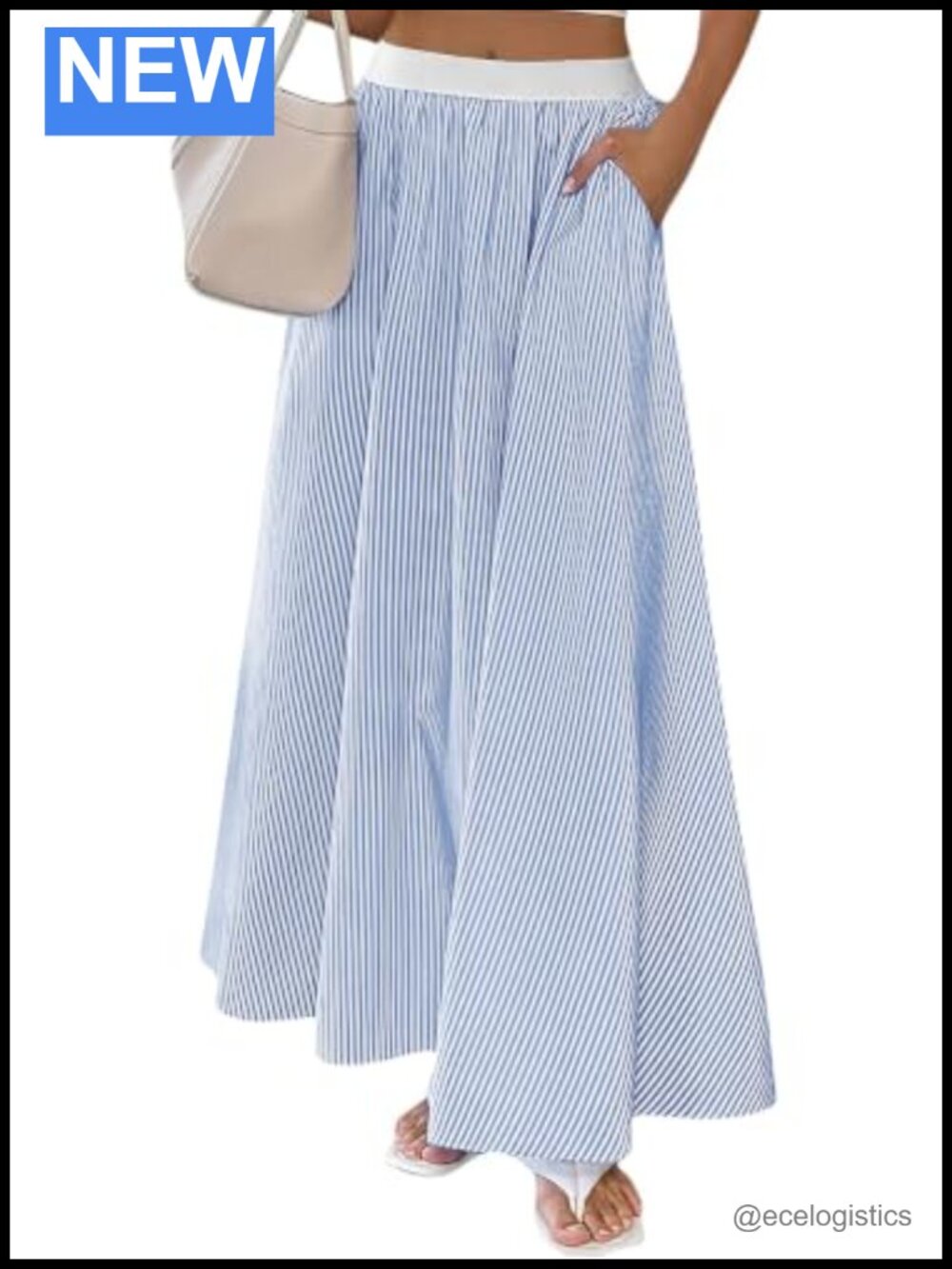 Women's Vertical Striped Maxi Skirt High Rise A-Line Cotton Side Pockets